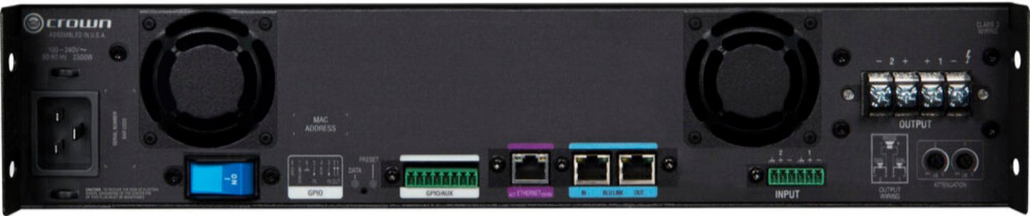 Crown DCI2X2400N 2 Channel 2400 Watt 4 Ohm Power Amplifier with BLU Link - 70/100 Volt