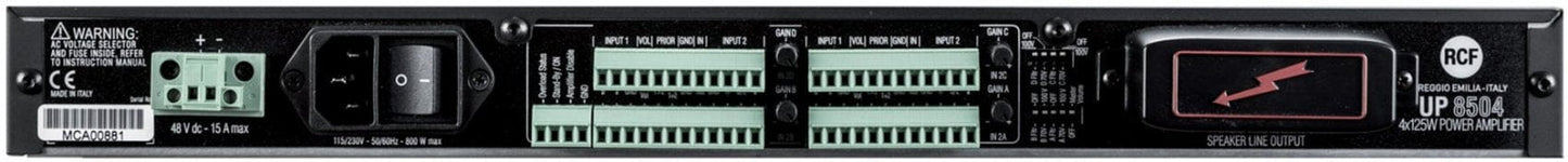 RCF UP-8504 Power Amplifier - 4x 125 Watt - Class D (70V/ 4 Ohm/ 2 Inputs Per Channel)